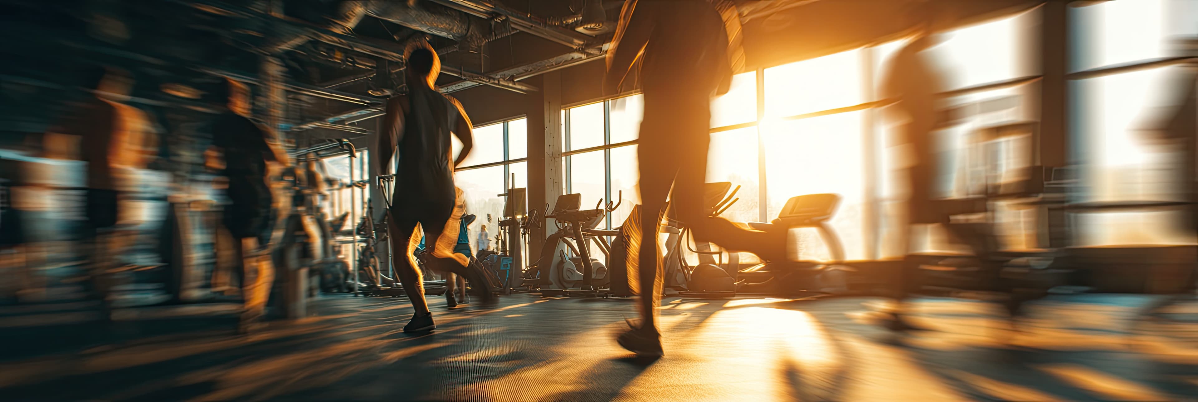 Motion-blurred photo of people running on treadmills in a sunlit gym.