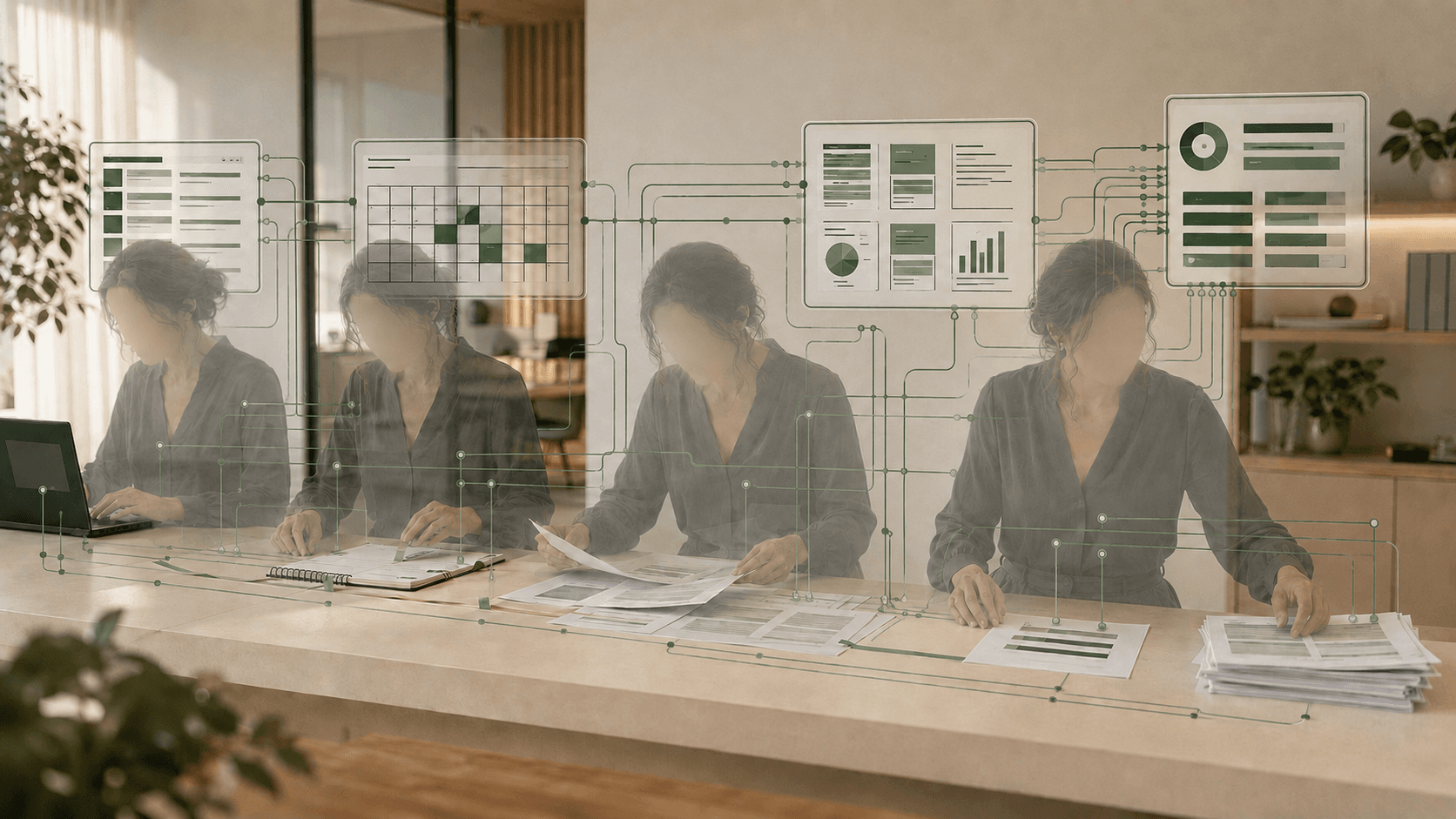 Conceptual visualization of Claudete coordinating correspondence, scheduling, reports, and priorities.